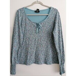 Y2K Express Jeans Womens Blue Keyhole Neck Tie Front Disty Floral Top Size XL